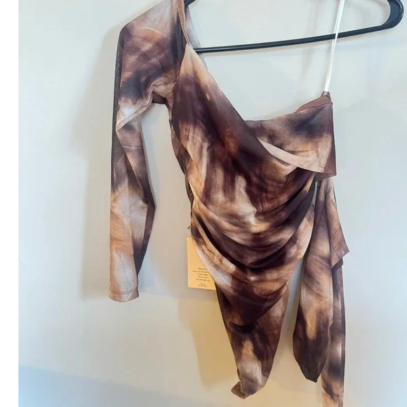 Shein Brown Abstract Marble One Shoulder Mesh Ruched Bodysuit Size M NWT - Picture 3 of 4